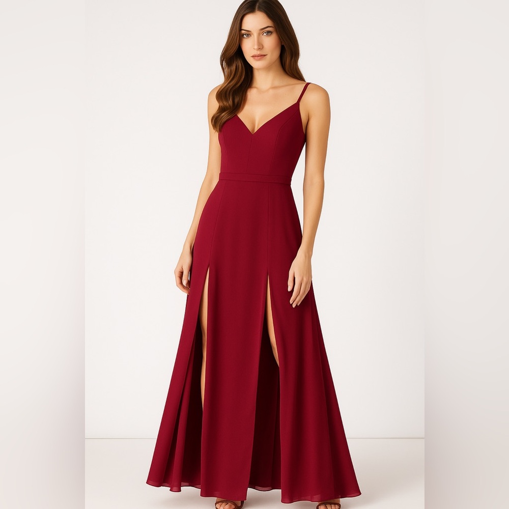 Azazie Candice v neck full length in wine red, Cabernet bridesmaids dress gown